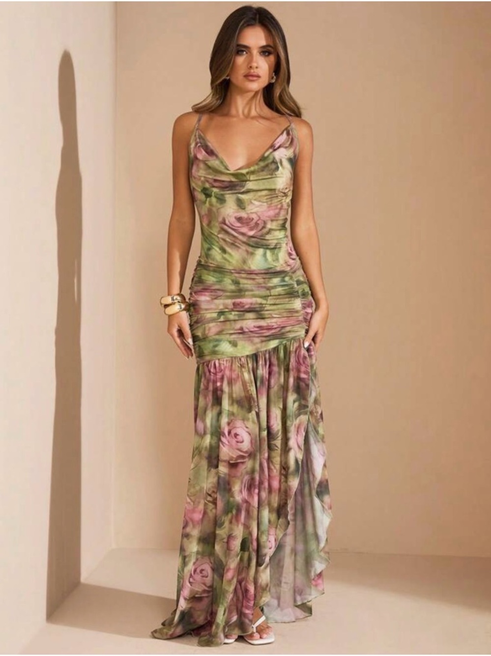 SHEIN Pink and Green Floral Cowl Neck Maxi Dress
